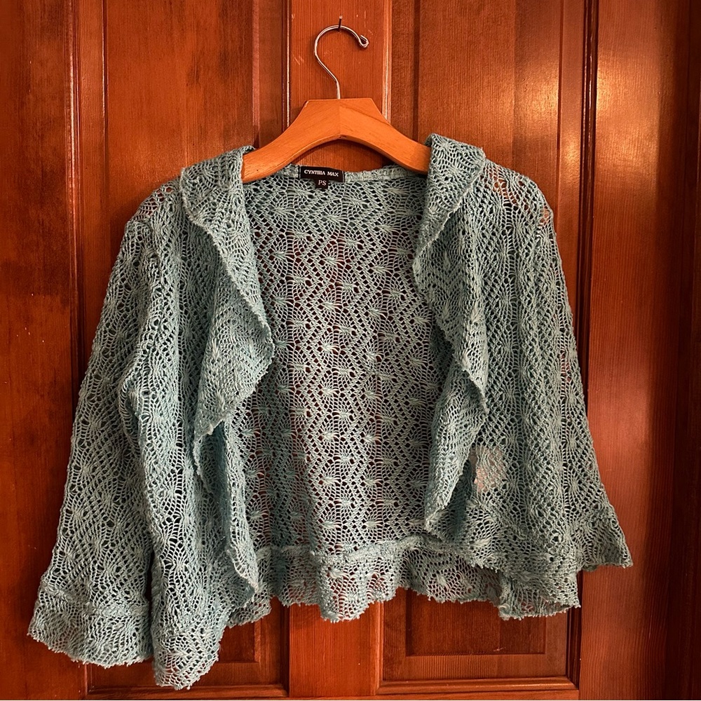 Cynthia max crocheted turquoise sweater